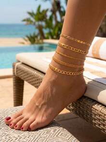5pcs/Set Bohemian Style Gold-Plated Multi-Layer Stacking Anklet, Women Summer Beach Barefoot Jewelry Set, Snake Chain Anklet - Gold - View 4