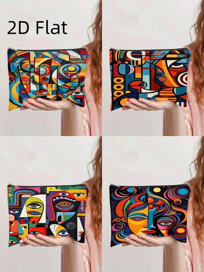 充满活力的抽象几何超现实主义眼部印花化妆包，现代艺术便携式文具袋