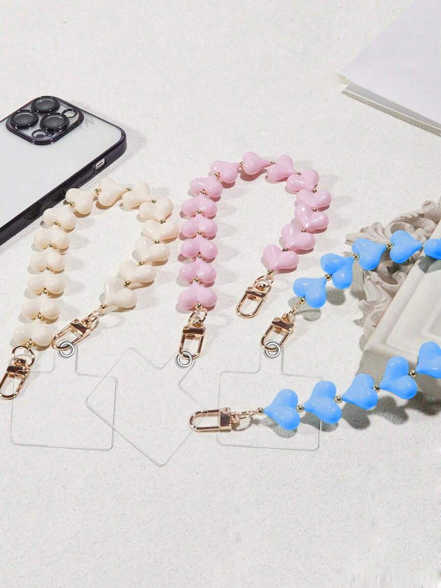1 chiếc dây đeo điện thoại hình trái tim đính hạt kim loại sang trọng màu hồng, trắng, be, dây đeo cổ tay đính hạt thủ công, mặt dây chuyền quyến rũ, kèm kẹp điện thoại. - Nhiều màu - Xem 1