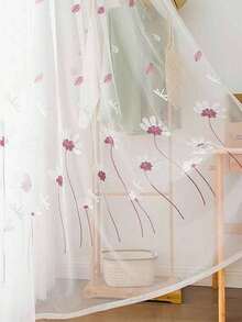 1件清新红粉蜻蜓刺绣薄纱窗帘，米白色调，适用于卧室和阳台，透光性好 - 彩色 - 查看 10