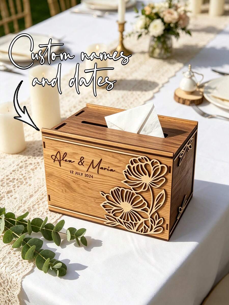 1pc Personalized Customized Wedding Card Box, Wedding Wooden Card Box, Personalized Wedding Envelope Box, Customized Wedding Mailbox, Wedding Card Gift Box With Delivery Hole, The Required Material Width Is 3 Millimeters. - Black - View 1