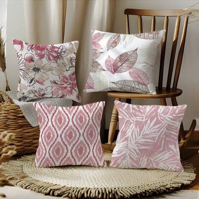 4pcs Bohemian Style Distressed Floral & Leaf Geometric Print Pillow Covers [No Pillow Insert], 17.7*17.7in(45*45cm)/19.69*19.69in(50*50cm)/15.75*15.75in(40*40cm), [Single-Sided Printing], Made Of Polyester, Modern Minimalist Pink Tie-Dye Ikat Diamond Sofa Throw Pillow Covers, Room Decor, Home Decor, Bedroom Decor, Room Decoration Stuff For Sofa, Living Room, Bedroom, Car, Office, Hotel, Homestay, Perfect Gift For Family And Friends