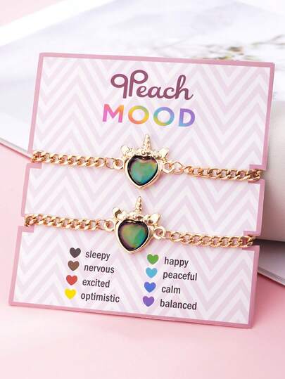 2件套女孩独角兽和猫咪热致变色吊坠手链，送给闺蜜、女朋友、女儿的礼物