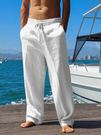 Pantalon de plage droit ample en lin de couleur unie style hawaïen américain décontracté pour hommes