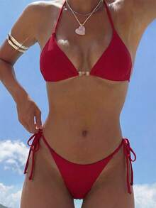女士性感红色串珠挂脖比基尼套装，串珠设计，腰部系带泳裤，性感海滩度假风，适合夏季海滩和游泳 - 紅色 - 查看 3