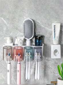 1pc No Drill Wall-Mounted Toothbrush Holder Set, Includes Rinse Cup & Toothpaste Dispenser, Bathroom Storage Rack (Product Batch Varies, Sticker Pattern & Cup Color Randomly Shipped, Does Not Affect Usage) - Multicolor - View 1