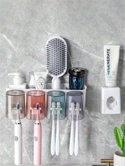Bộ 1 giá đựng bàn chải đánh răng treo tường không cần khoan, kiểu dáng nổi tiếng trên mạng, kèm cốc đựng nước súc miệng và kem đánh răng, dùng trong gia đình (Sản phẩm có thể khác nhau tùy lô hàng, họa tiết nhãn dán và màu cốc được gửi ngẫu nhiên, nhưng không ảnh hưởng đến việc sử dụng).