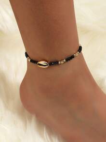 Shell Decor Crystal Beaded Anklet - Black - View 6