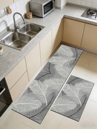 1pc Silica Gel Kitchen Floor Mat, Featuring High-Grade Gray Base Color Paired With Delicate White And Deep Gray Feather Patterns In Varying Sizes And Lines, Presenting A Lightweight, Elegant And Minimalist Modern Design.