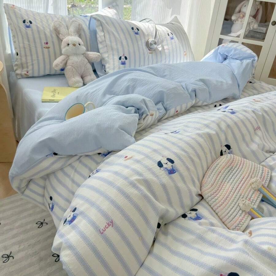 Bộ 3 món bằng 100% polyester in hình cún con sọc dễ thương, gồm 2 vỏ gối và 1 vỏ chăn (không bao gồm ruột chăn và ga trải giường). - chó sọc - Xem 1