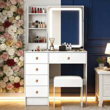 White Vanity Table With LDE Lighted Mirror, Stool, Drawers, Storage Shelves, Makeup Dressing Table With LDE Mirror, 10 LED Bulbs - Adjustable Lighted Modes - LED Sliding Mirror - Dressing Table Set - White - View 6