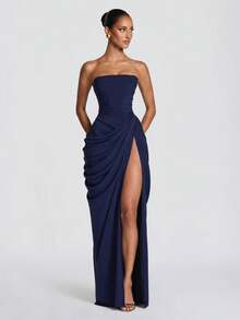 Women's Long Sleeve Slip Bodycon Midi Dress With Slit - 藍色 - 查看 2