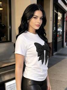 White Basic Coquette Tee, Black Bow Sparkly Graphic Loose Short Sleeve Daily Casual Top Coquette Aesthetic,Bow,Sparkly, - White - View 2