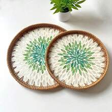 1 pieza Bandeja decorativa hecha a mano de estilo vintage con ratán y conchas, organizador artístico, bandeja para aperitivos, bandeja de té para decoración del hogar - Multicolor - Ver 9