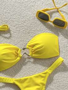 2pcs Women's Swimwear - Lemon Yellow Bikini Set With Metal Ring Decor And Ruched Design | Fresh Summer Beach Outfit Vacation - Yellow - View 4