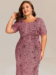 EVERPRETTY 大尺碼奢華亮片刺繡短袖正式晚禮服，粉色婚禮派對秋季款 - 藕粉色 - 查看 6