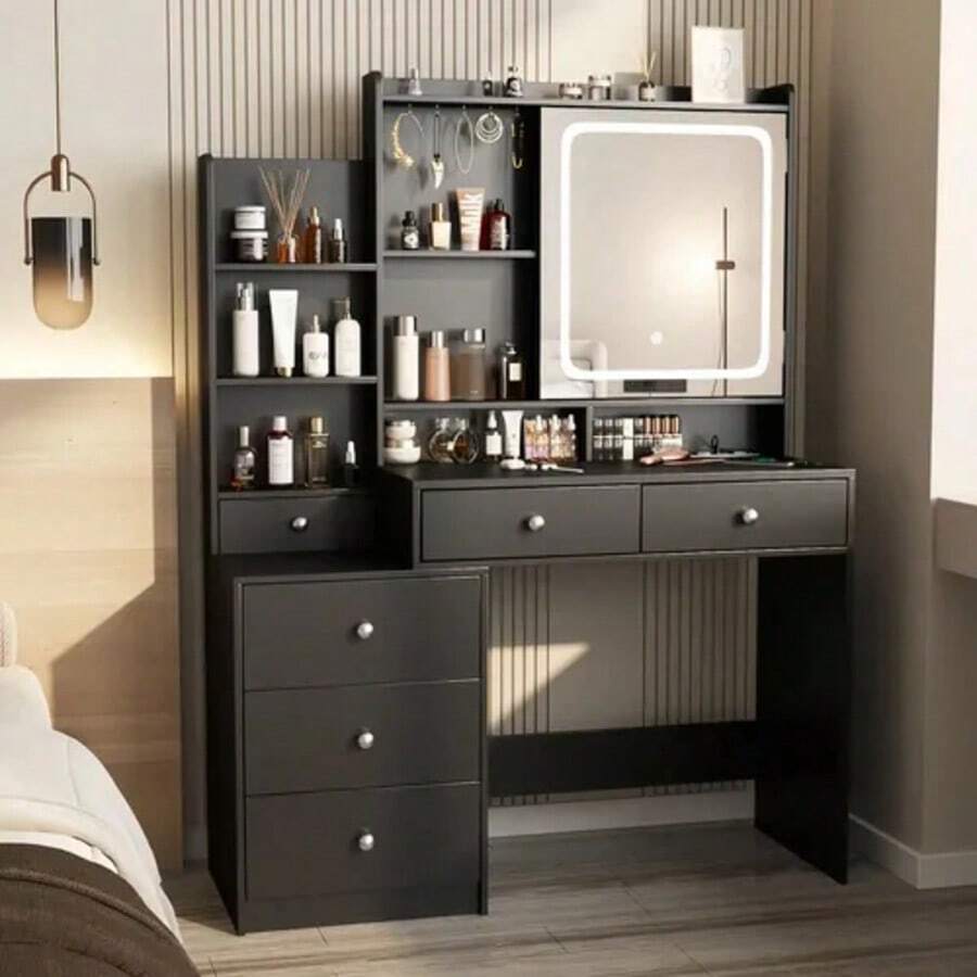 Makeup Table With Mirror And LED Lights, For Bedroom, Makeup Vanity With Power Plug, Dressing Table With Drawers For Bedroom - Black - View 1