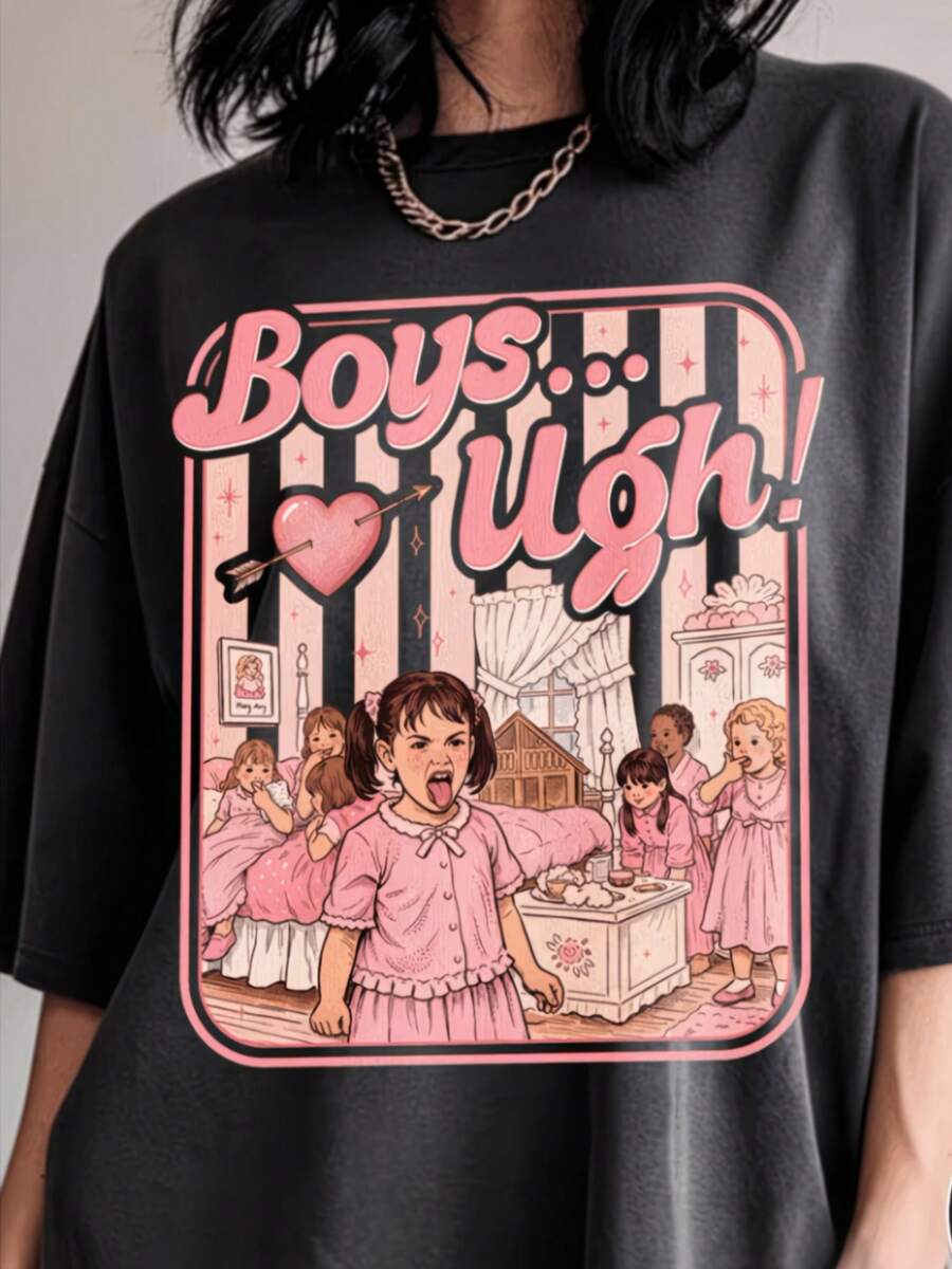 Men's And Women's 100% Cotton. Kids, Oh, The Wrecked Girl's Room. Women's Short-Sleeved T-Shirt - Fun Cartoon Letter Print, Casual Crew Neck - 黑色 - 查看 1