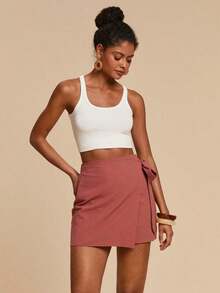 Elegante falda envolvente de mujer en color caqui, con diseño de lazo ajustable.Estilo minimalista y versátil, ideal para oficina y uso casual en verano, prenda chic y cómoda para cualquier ocasión. - Óxido marrón - Ver 4