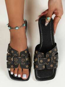 Women's Fashion Square Toe Flat Slippers, Versatile Ladies' Sandals For Spring And Summer - Black - View 4