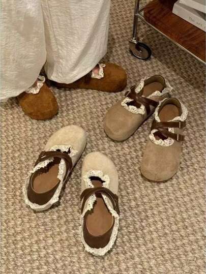 Damen Lacebesatz Rundkopf Doppelschnallen Riemen Plateau Mary Jane Schuhe, einfarbig Khaki/Braun, bequem stoßabsorbierend Lässig Vintage Stil, geeignet für Straßenmode im Frühling und Herbst