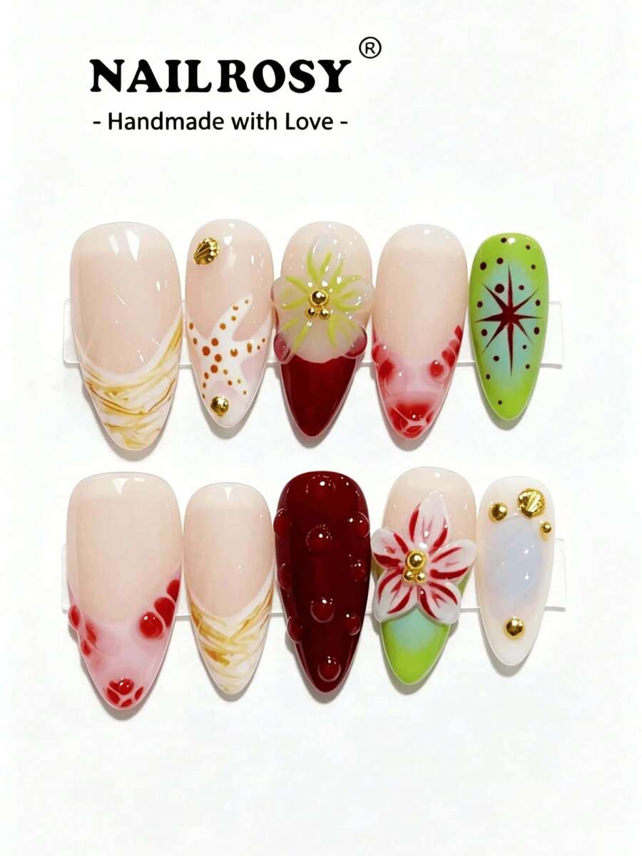 nailrosy 10入手工壓克力壓花假指甲,多色透明中長扁杏仁形短款3D花朵美甲配件,尖頭假指甲美甲工具,適合婚禮、生日派對、Y2K風格、可愛法式、夏季、7月4日、婚禮、畢業典禮、舞會 - 彩色 - 查看 1