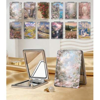 1 pièce Miroir de Vanité Pliable, Miroir de Maquillage Compact et Portable avec un Design Élégant de Jardin Fleuri, Cuir PU Durable, Convient pour Diverses Occasions