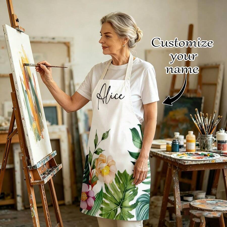 1pc Customizable Linen Kitchen Apron - Personalized Design, Photo Or Text - Durable Woven Polyester Cooking Apron - Multicolor - View 1