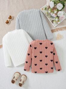 3pcs/Set Girls Heart Embroidery Decor Round Neck Long Sleeve T-Shirt Casual Tops, Spring & Autumn - Dusty Pink - View 2