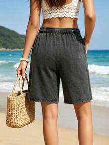 Unisex Floral Print Washed Denim Bermuda Shorts Loose Fit Casual Summer - 黑色 - 查看 5