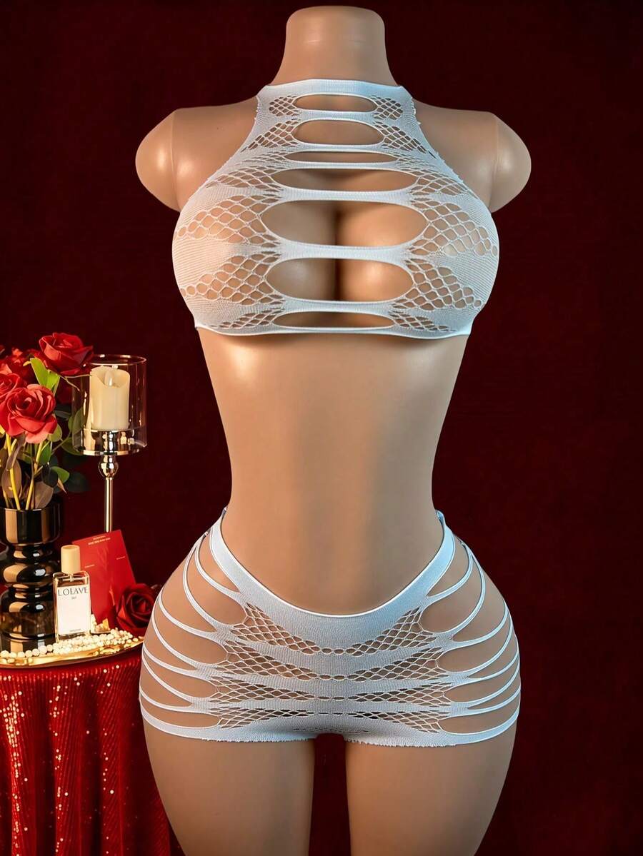 2PCS((Innerwear Not Included) Sexy Lingerie: Tear-Away, Open-Work Jacquard Two-Piece Set-Fresh, Seductive, Body-Hugging, And Easy-Access Meshwear For Women - Blue - View 1