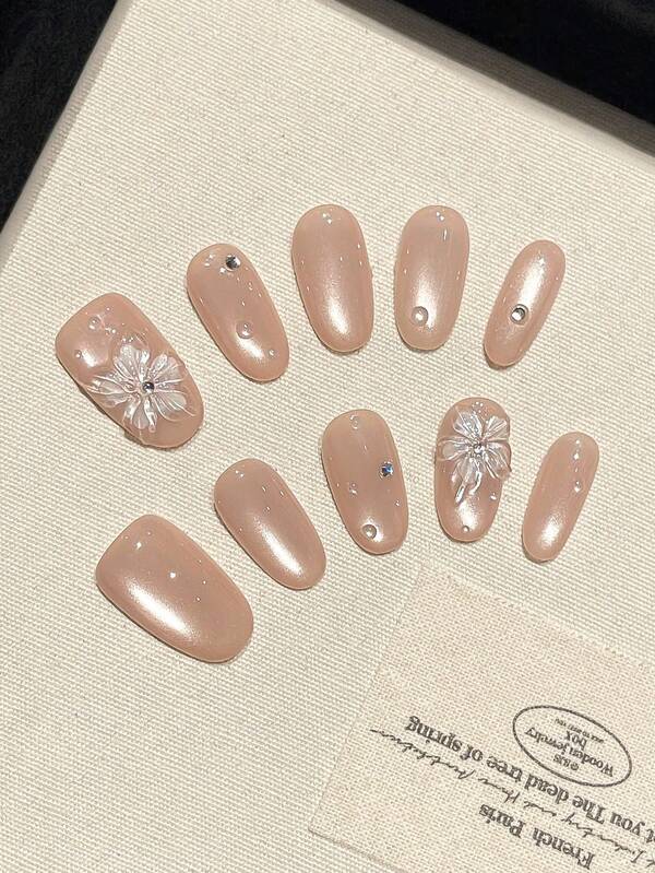 10 Stücke exquisites handgefertigtes Nagelset mit dreidimensional geschnitzter Katzenauge- und Bruchdiamantoptik, geeignet für Damen und Mädchen zum Tragen bei täglichen Partys und Treffen. Inklusive Gelee-Kleber und Feilen als Geschenke, perfekt als Nagellack-Kunst Geschenk für Mädchen