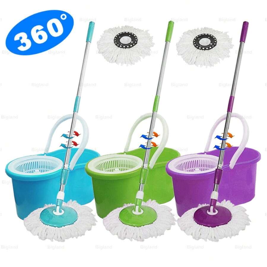 Full Set Manual Spin Floor Mop With 2 Microfiber Mop Heads, 18" Portable Bucket Fits Most Sinks & Cabinets, Adjustable 40" Pole, 360° Rotatable Washable Mop Head, Wet/Dry Cleaning, Labor-Saving, No Dirty Water Contact, Press Rod Spin Dry, Purple Color, Fast Shipping From California USA - Purple - View 1