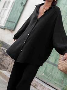 Blouse ample et mi-longue à manches bouffantes pour femmes grandes tailles, couleur unie, convient comme robe, cardigan ou chemise pour la Saint-Valentin en noir - Noir - Voir 3