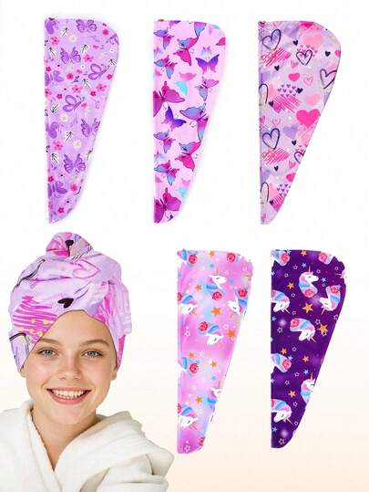 1pc Girls' Super Absorbent Microfiber Hair Towel, Quick Drying, Button Closure, Suitable For Wet Hair, Butterfly & Unicorn Pattern