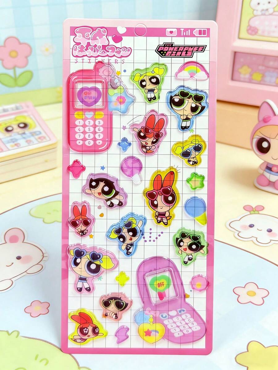 THE POWERPUFF GIRLS 3D透明贴纸 - 复古翻盖手机设计 - 3D亮片 - 适用于装饰记事本、智能手机和书籍 - 彩色 - 查看 1