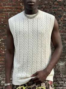 Spring/Summer Unisex Men's American Vintage Hollow Wheat Pattern Loose Crew Neck Sleeveless Layering Versatile Casual Street Vacation Commute Knit Vest Beige Sweater - Beige - View 1