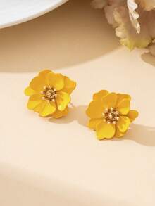 1对迷人甜美清新夏日海滩风亮黄色双层五瓣花耳环（女士款） - 黃色 - 查看 2