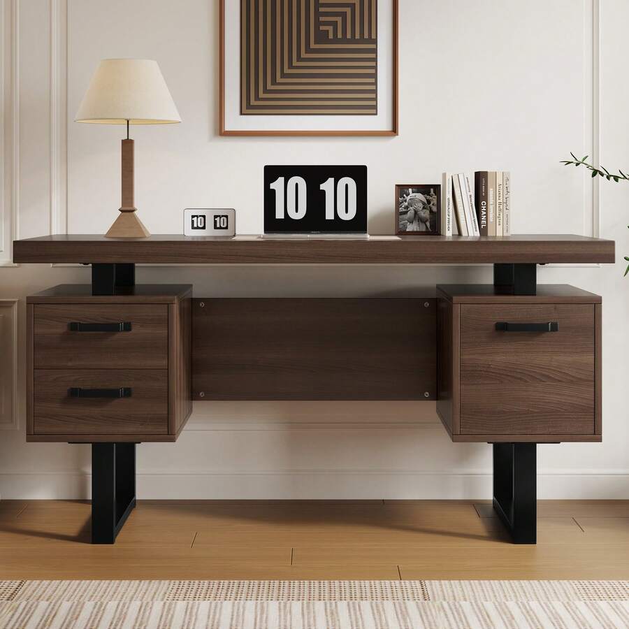 Simple Desk Measuring 135 X 54 Cm, Made Of High-Quality MDF And Steel Tubing, Soft-Close Drawer, Hanging File Drawer, Spill-Resistant, Large Desktop, Optimized Storage, Brown - A - 查看 1