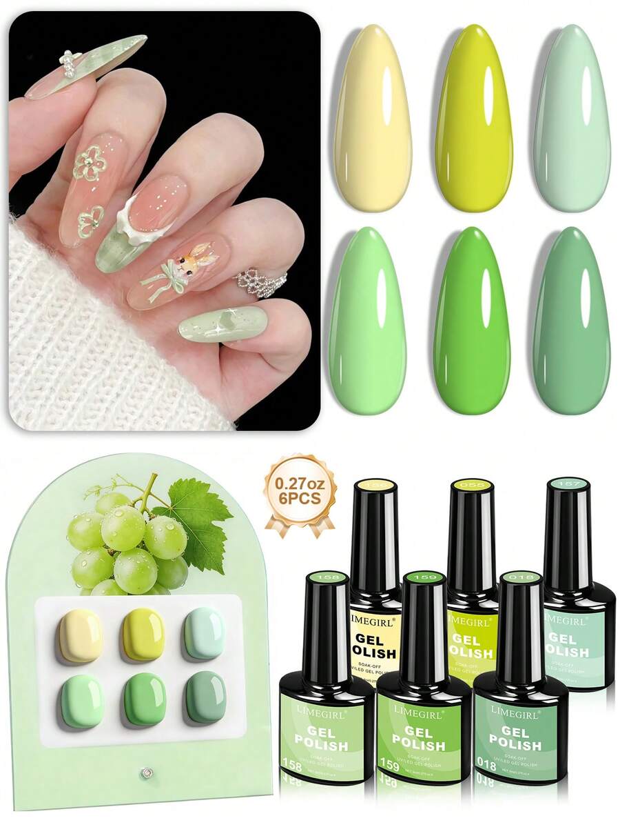 LIMEGIRL 6件套鼠尾草绿凝胶指甲油套装，夏季清新绿黄色凝胶指甲油套装，可卸UV LED美甲凝胶，适用于DIY美甲沙龙
