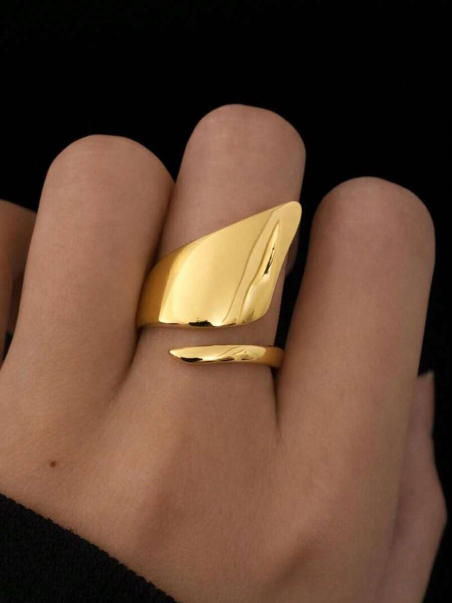 不对称双心黄色戒指，可调节开口设计，合成锆石，女士派对/礼品首饰 - 黃色 - 查看 1