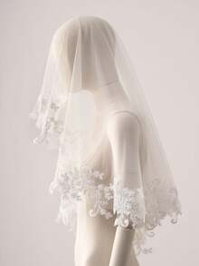 1pc Mantilla Style Lace Trim Fingertip Length Bridal Veil With Comb, White/Ivory,Festival,Birthday - Multicolor - View 8