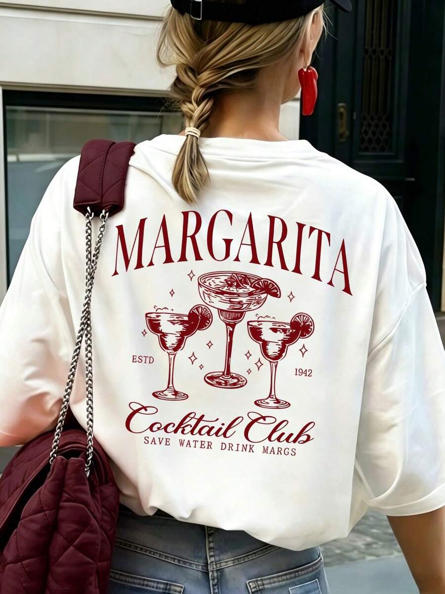 1 chiếc áo thun ngắn tay cổ tròn kiểu Y2K, áo sơ mi nữ casual in hình MAEGARITA, áo trắng rộng rãi, đa năng, thanh lịch. - trắng - Xem 1