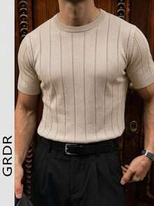 GRDR Men's Summer Knit Solid Ribbed Short Sleeve Sweater, Sporty Casual, Suitable For Outdoor Activities - Apricot - View 3