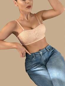 1PC French Lace Non-Strap Balconette Sexy Bras, Fixed Cup Pad, Adjustable Shoulder Straps, Uplifting And Firming, Must-Have Bras For Daily Use, One-Shoulder Invisible Bras - Apricot - View 5