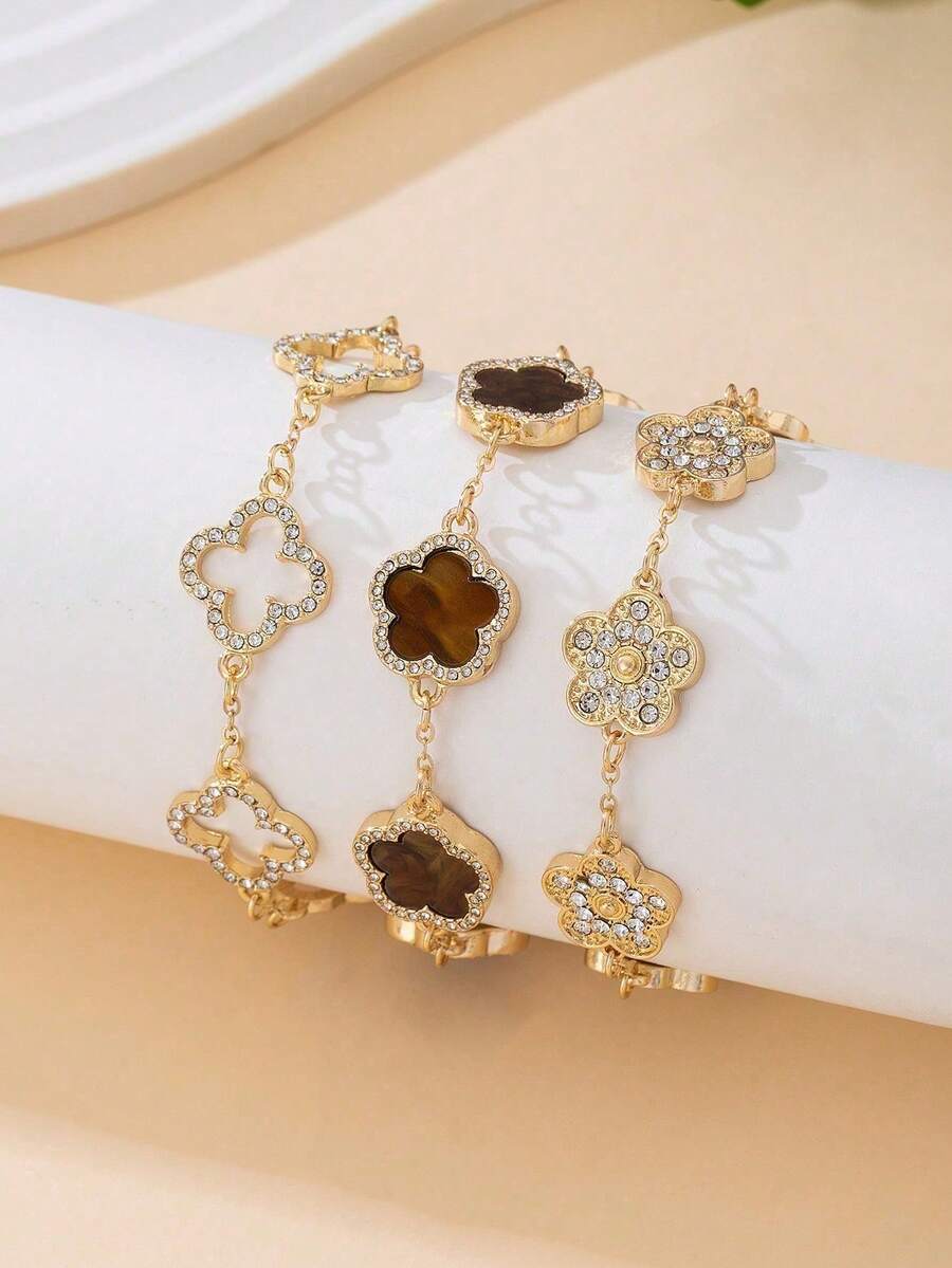 3pcs Luxurious High-End Clover Rhinestone Decor Bracelet Set, Brown & Gold, Elegant & Sweet Women Bracelet Set, Stackable/Versatile - 多色-1 - 查看 1
