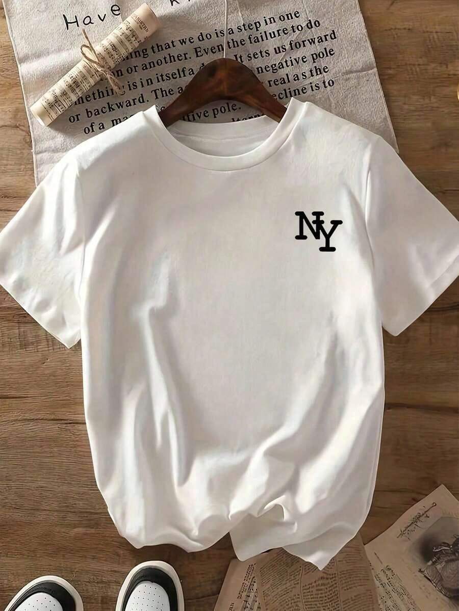 Solt 1pscCamiseta de manga corta con estampado de lazo, de corte holgado, casual de color rojo para primavera/verano100%cotton graphic - Blanco 1 - Ver 1