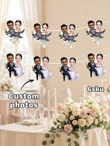 7件套定制照片婚礼横幅，个性化新郎新娘趣味彩旗，个性化婚礼照片花环，定制情侣派对装饰，定制婚礼横幅趣味新郎新娘悬挂装饰 - 彩色 - 查看 2
