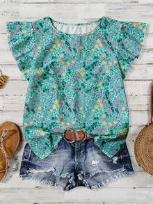 Vintage Ditsy Floral Casual Loose Pullover Short Sleeve Blouse, Suitable For Daily Wear, Dates, And Vacations In Spring/Summer - Mint Blue - View 2