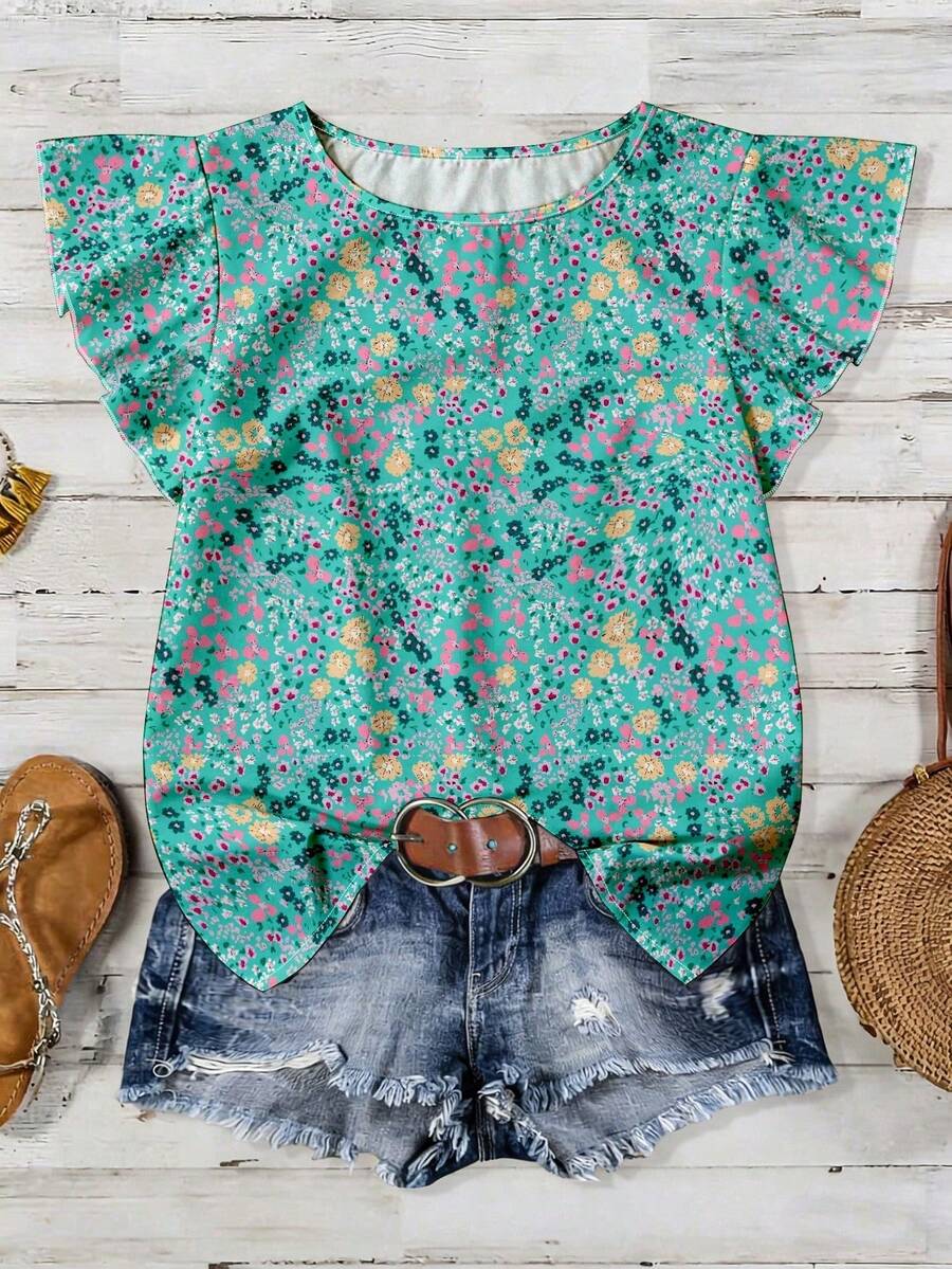 Vintage Ditsy Floral Casual Loose Pullover Short Sleeve Blouse, Suitable For Daily Wear, Dates, And Vacations In Spring/Summer